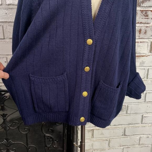 80s Carriage Court Navy Blue & Gold V-neck Button Down Preppy Sweater L - Picture 2 of 11